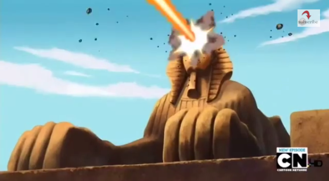 Technically, this is Hyperion's eyebeams coming out of the Sphinx, not the Sphinx having eyebeams. 