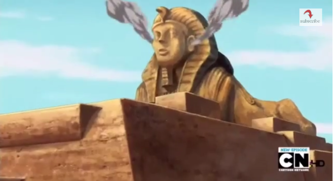The battle inside the Sphinx creates clouds of dust. 